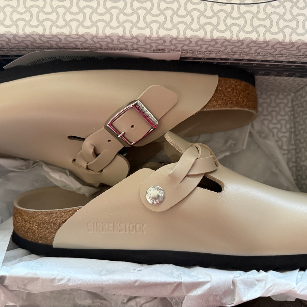 Birkenstock Women's Boston Braided Tan Mules with Silver Buckle